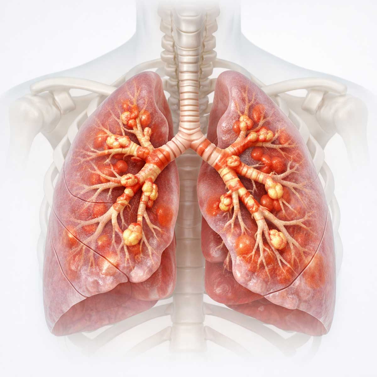 Медицинская 3D-иллюстрация легких и бронхов при хроническом бронхите и ХОБЛ с признаками воспаления и сужения дыхательных путей