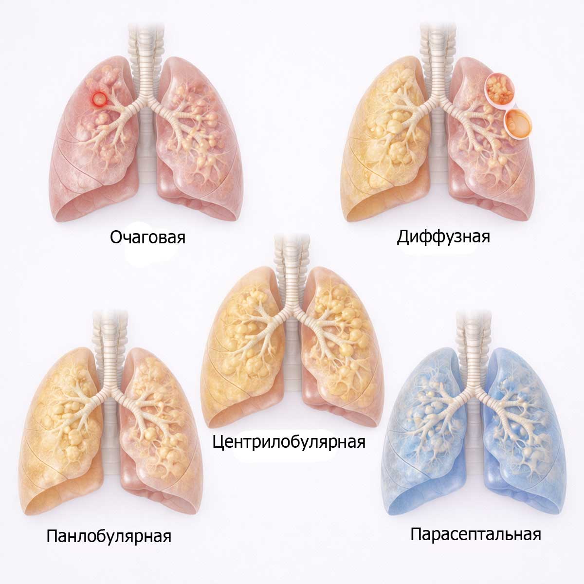 Медицинская 3D-иллюстрация различных форм эмфиземы легких