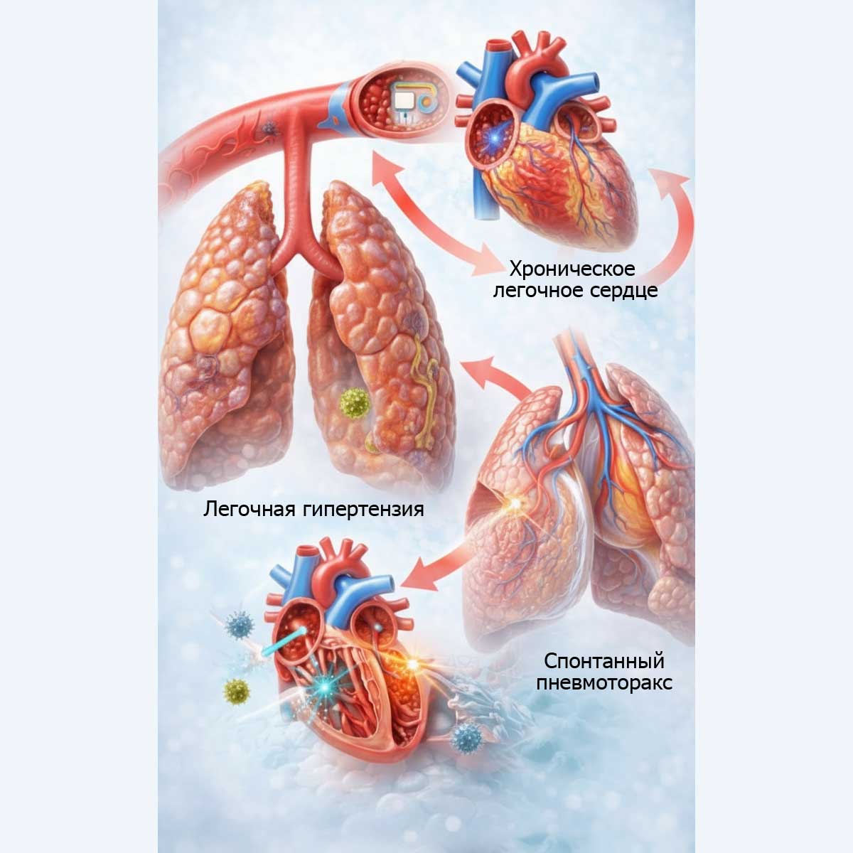 Медицинская 3D-иллюстрация осложнений эмфиземы легких: легочная гипертензия, хроническое легочное сердце, спонтанный пневмоторакс