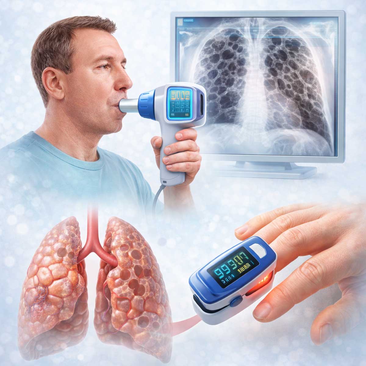 Медицинская 3D-иллюстрация методов диагностики эмфиземы легких: человек на спирометрии, КТ грудной клетки с видимыми разрушениями альвеол, пульсоксиметрия на пальце