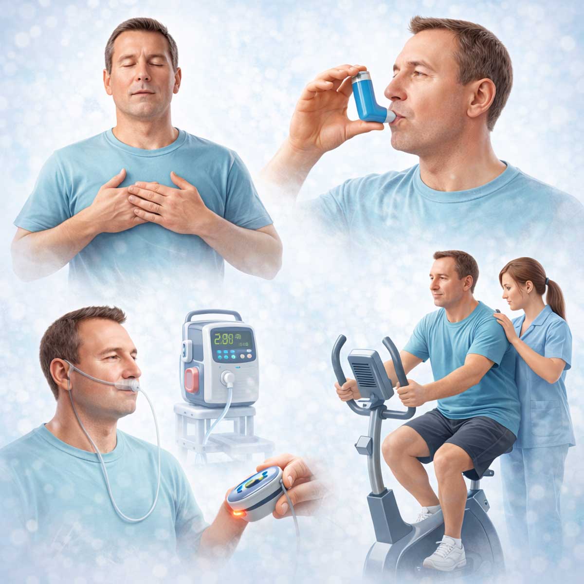 Медицинская 3D-иллюстрация лечения эмфиземы легких: человек выполняет дыхательные упражнения, использует ингалятор, кислородная терапия, физическая реабилитация