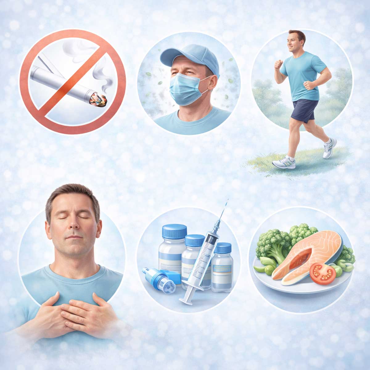 Инфографика профилактических мер при эмфиземе легких: отказ от курения, защита от загрязненного воздуха, физическая активность, дыхательная гимнастика, вакцинация, питание