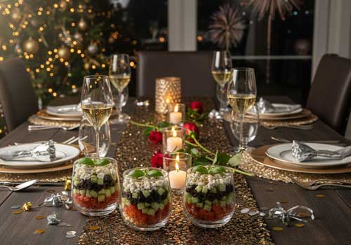 греческий салат в стаканах на Новогоднем столе