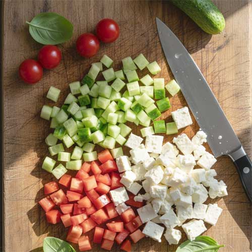 нарезанные помидоры, огурцы и сыр на разделочной доске