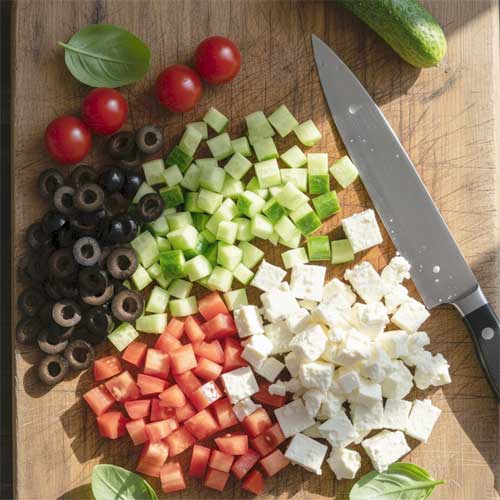 нарезанные помидоры, огурцы, сыр и оливки на разделочной доске