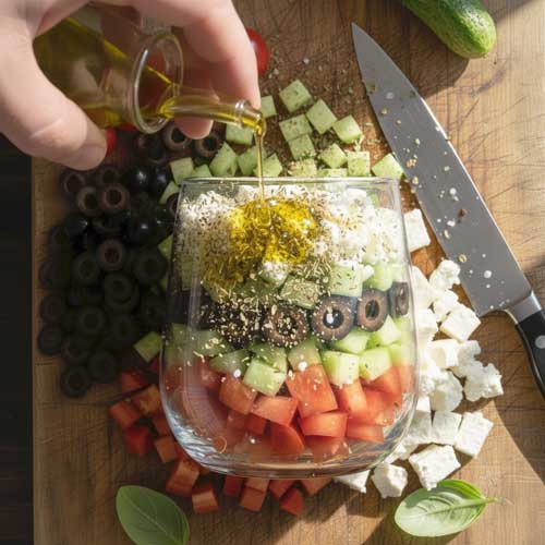 салат в стакане поливают оливковым маслом