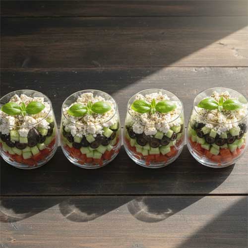 готовые четыре стакана с салатом на столе