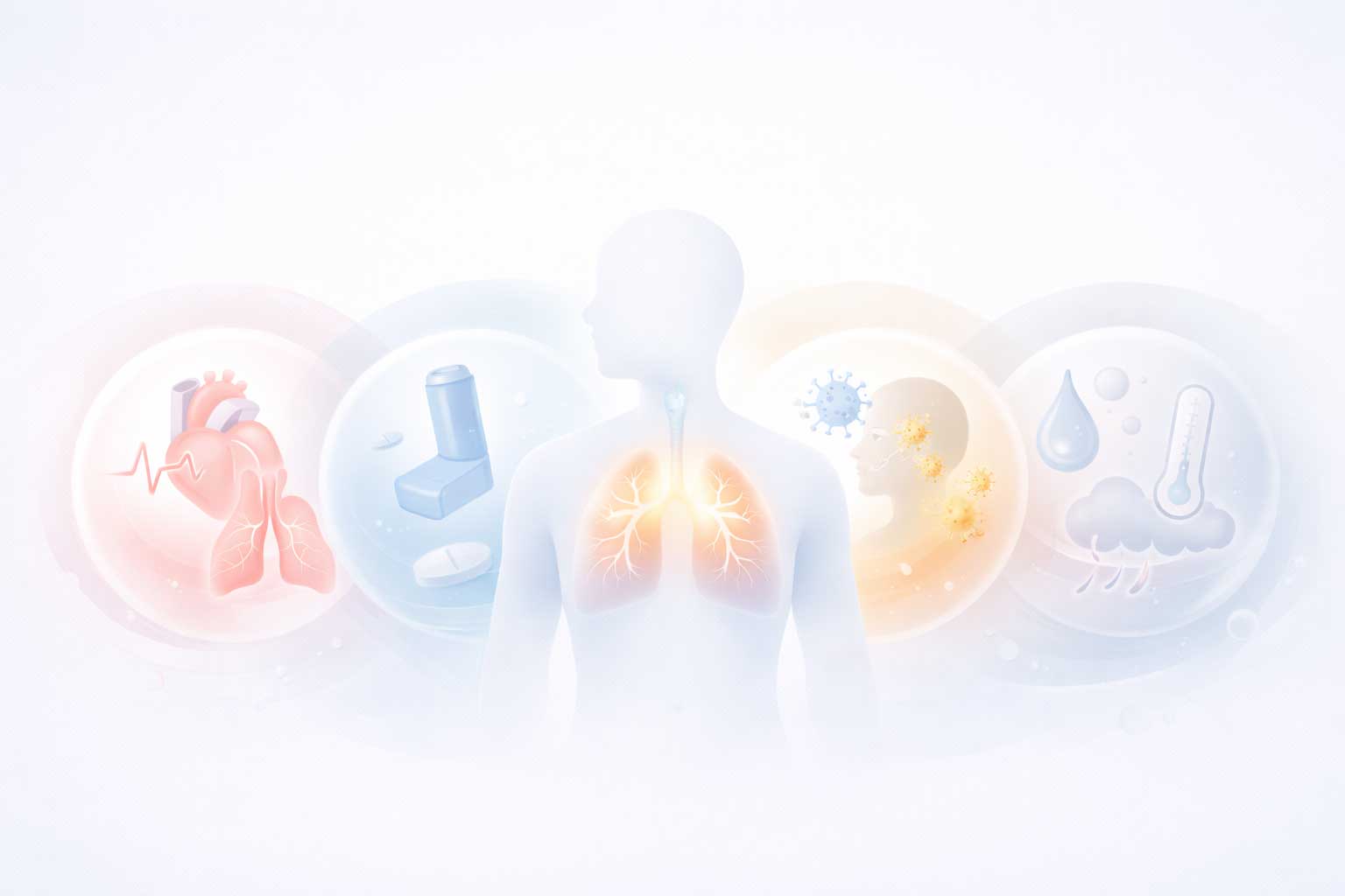 Инфографика, показывающая основные группы причин одышки: заболевания, лекарства, аллергии и внешние факторы.