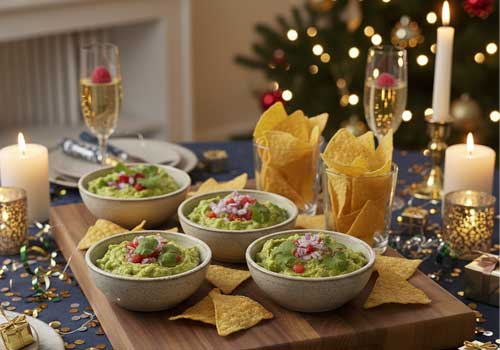 готовое гуакамоле с чипсами на праздничном новогоднем столе