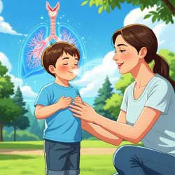 мама учит ребенка дыхательной гимнастике на свежем воздухе