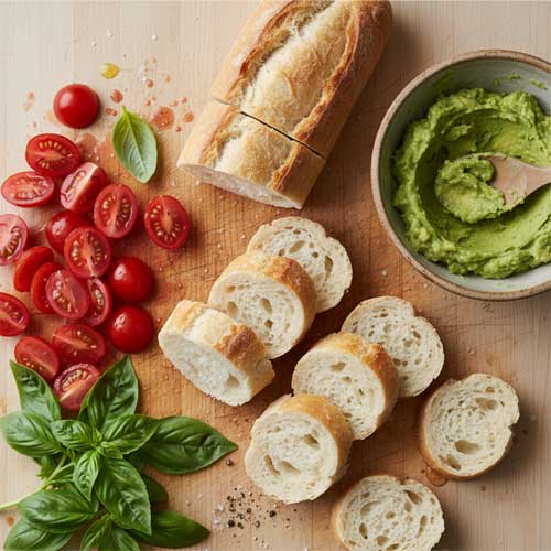 на столе нарезанные помидоры, богет и протортый авокадо в миске