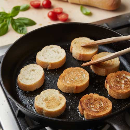 ломтики богета поджаривают на сковороде