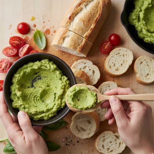 на ломтики богета выкладывают кремообразный авокадо