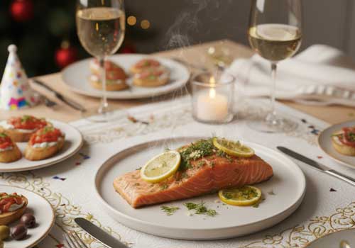 готовый запеченный лосось на праздничном столе