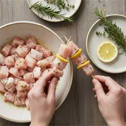 насаживают куриное мясо на шпажки