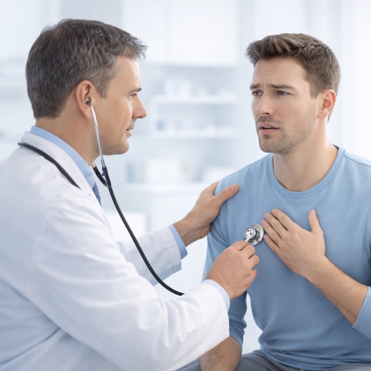 Осмотр пациента с жалобами на затрудненное дыхание