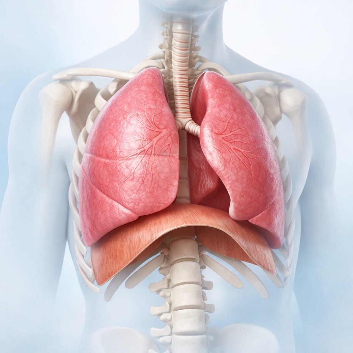 Нормальное дыхание: движение диафрагмы и расширение легких при вдохе