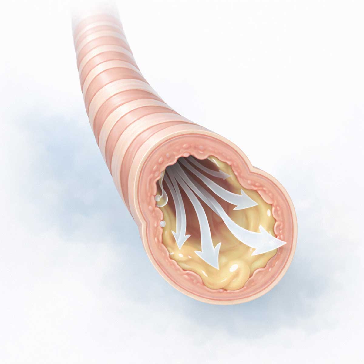 Механизм обструктивного синдрома: сужение бронхов из-за отека слизистой и скопления слизи, затрудненное прохождение воздуха.