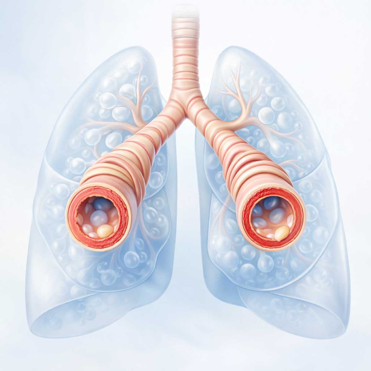 3D-изображение бронхов с воспалением и сужением просвета, визуализация задержки воздуха в легких при астме