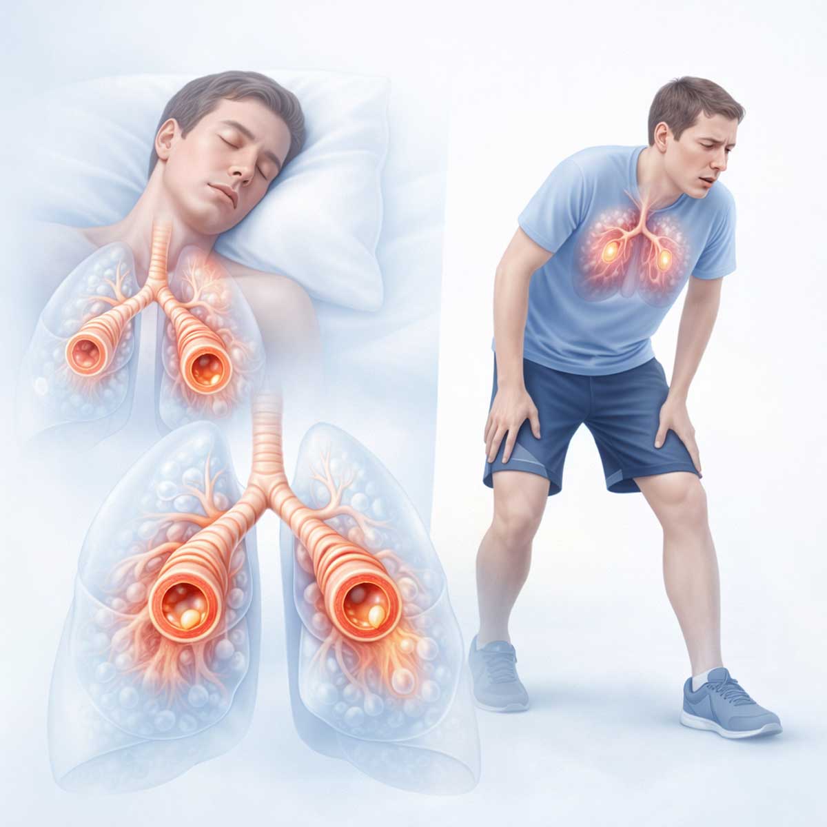 3D-изображение легких и бронхов, демонстрирующее ночную и нагрузочную одышку при бронхиальной астме