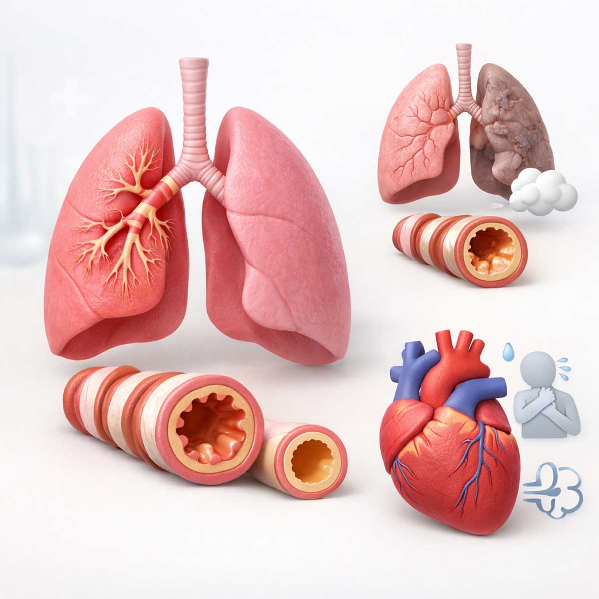 3D-иллюстрация для сравнения бронхов при астме, ХОБЛ и сердечной одышке, показывающая различия в дыхательных путях