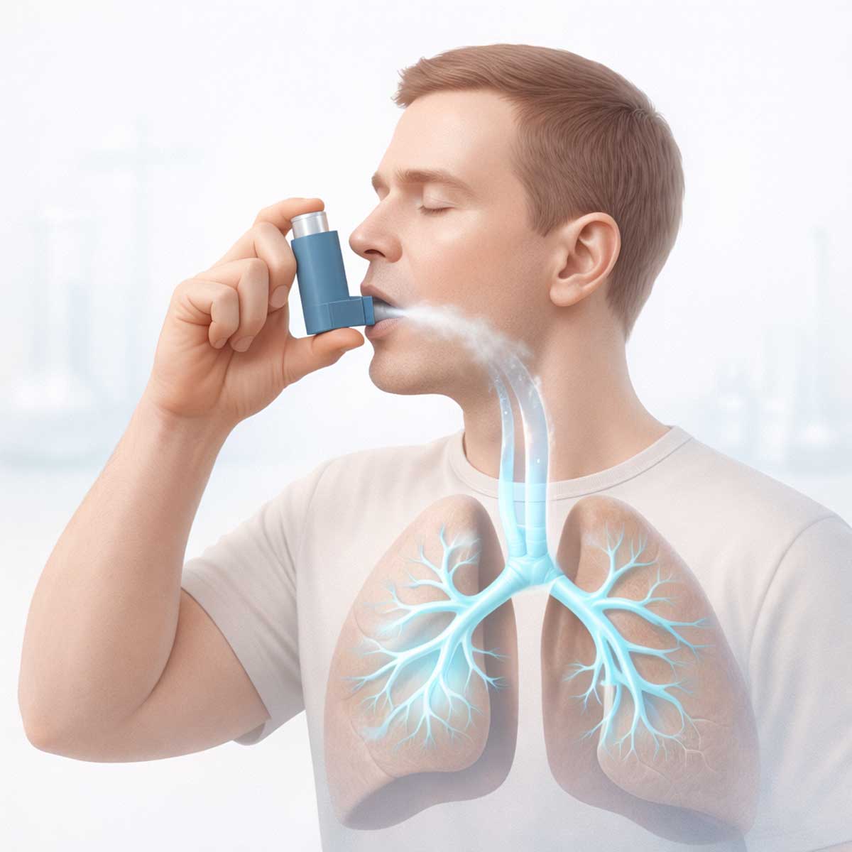 3D-изображение человека с ингалятором, визуализирующее облегчение дыхания при одышке и восстановление потока воздуха в бронхах