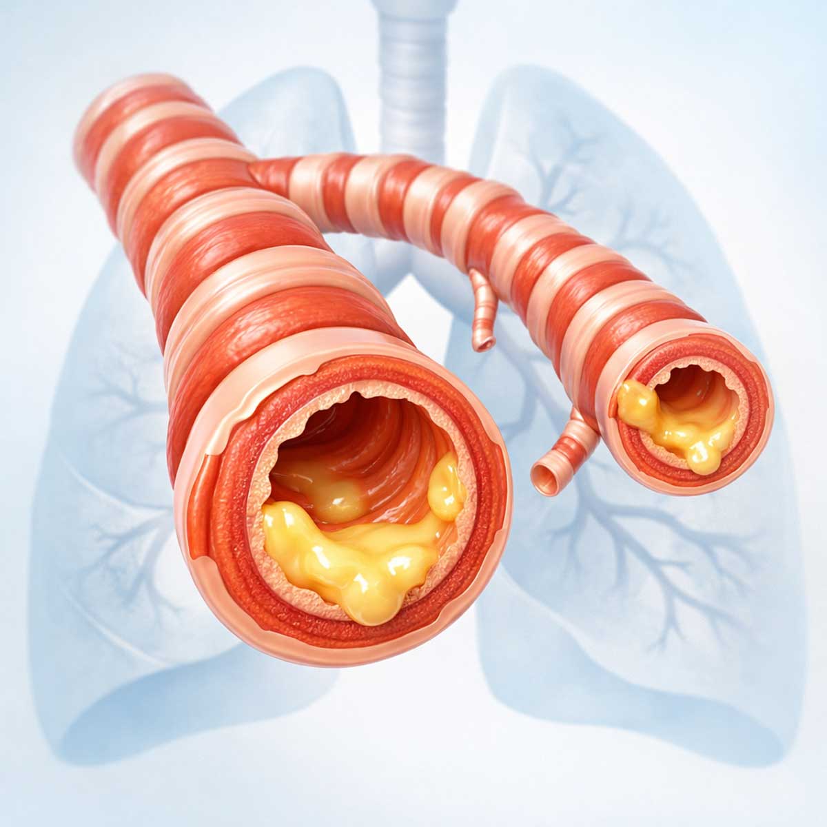 Медицинская 3D-иллюстрация бронхов при бронхите с утолщением стенок и скоплением слизи, показывающая причину затрудненного дыхания.