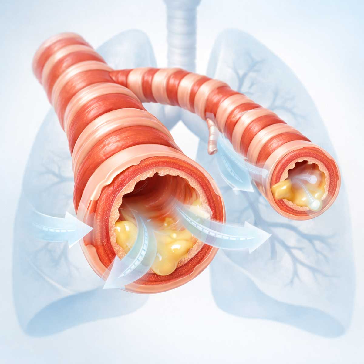 Схематичное изображение суженных бронхов и затрудненного прохождения воздуха как причины одышки при бронхите.