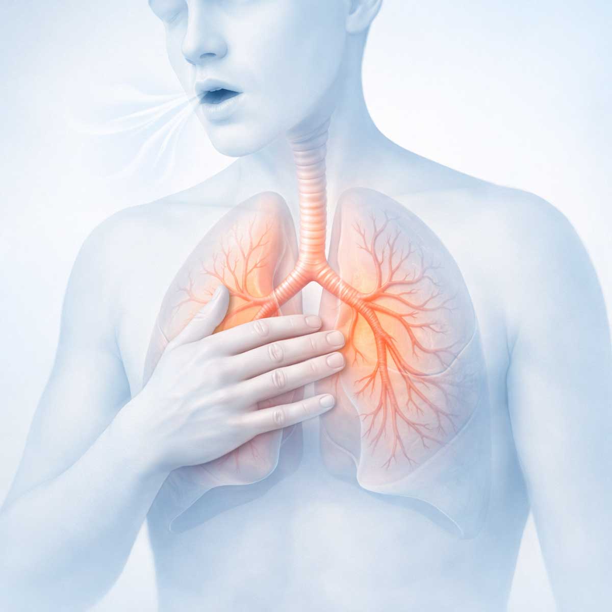 Медицинская иллюстрация человека с одышкой при бронхите с акцентом на грудную клетку и дыхательную систему.