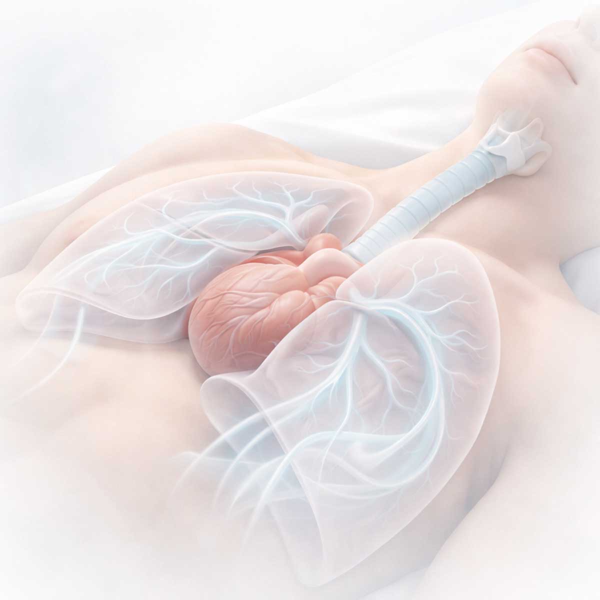 Иллюстрация дыхания человека в положении лежа с акцентом на затруднение дыхания в покое