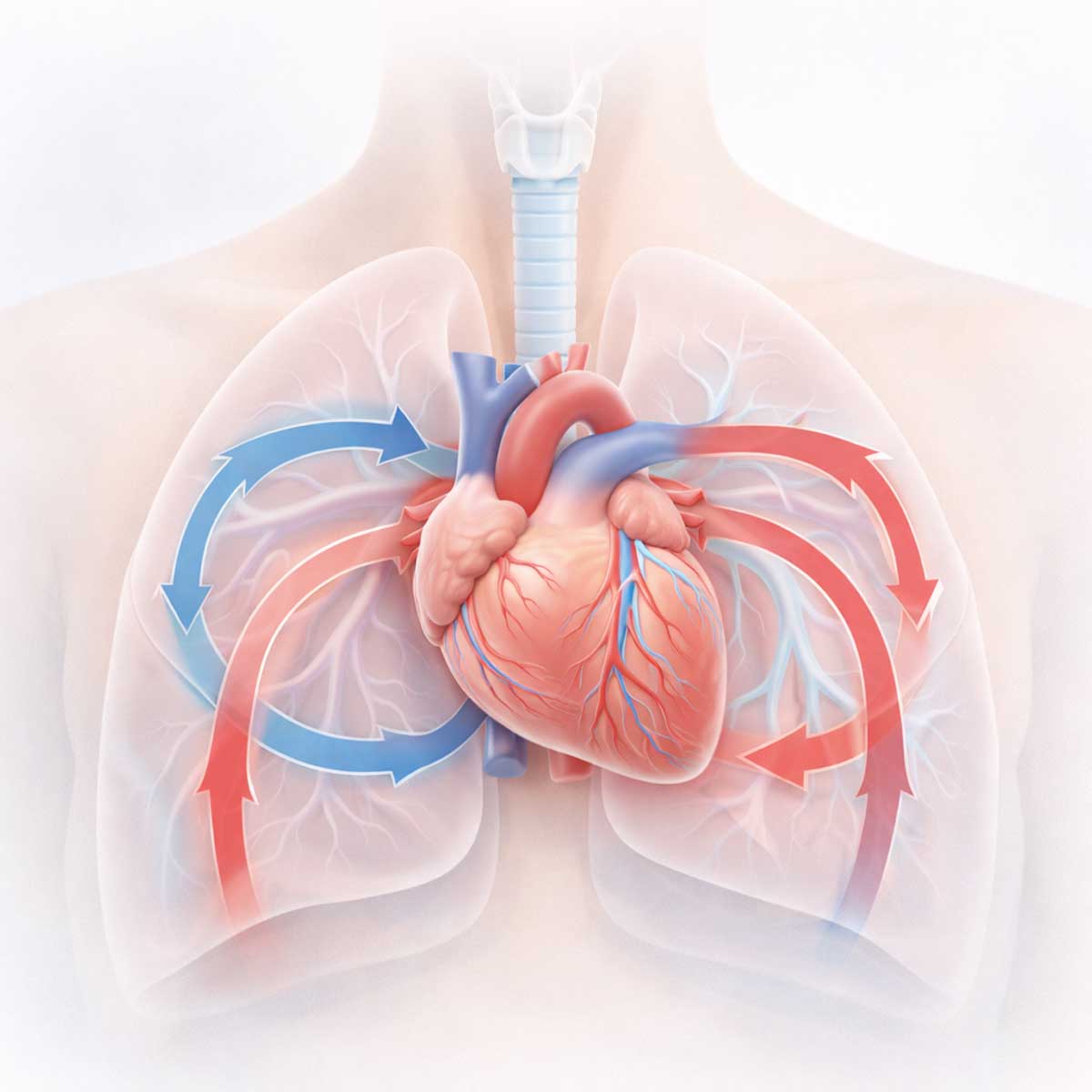 Взаимосвязь сердца и легких при одышке в покое, схема сердечно-легочного кровообращения