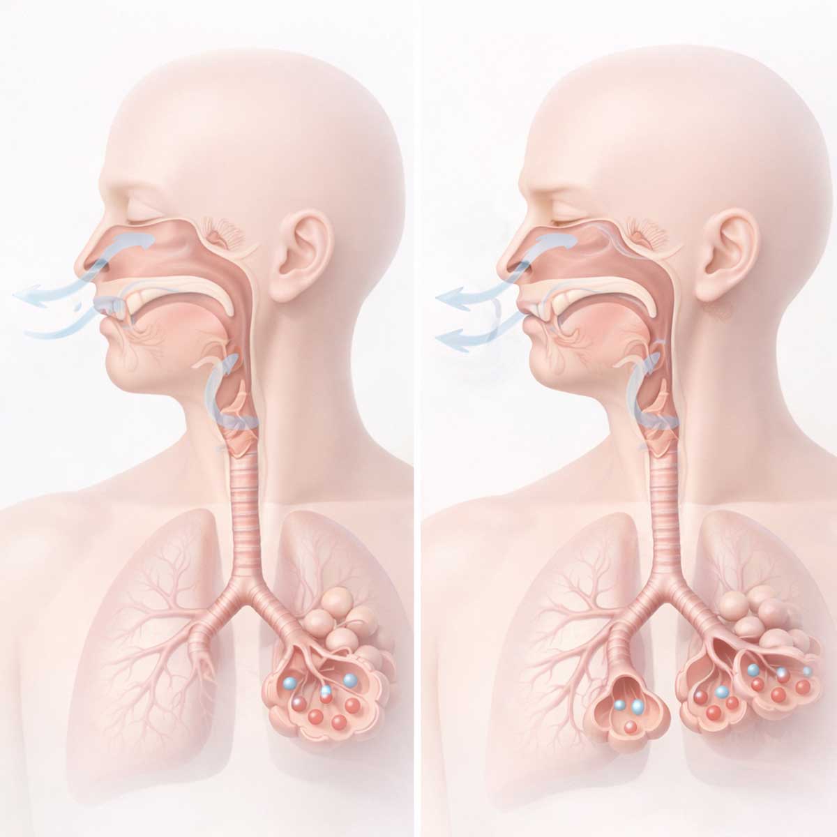 Сравнение нормального дыхания и дыхания при одышке в покое, наглядная медицинская схема
