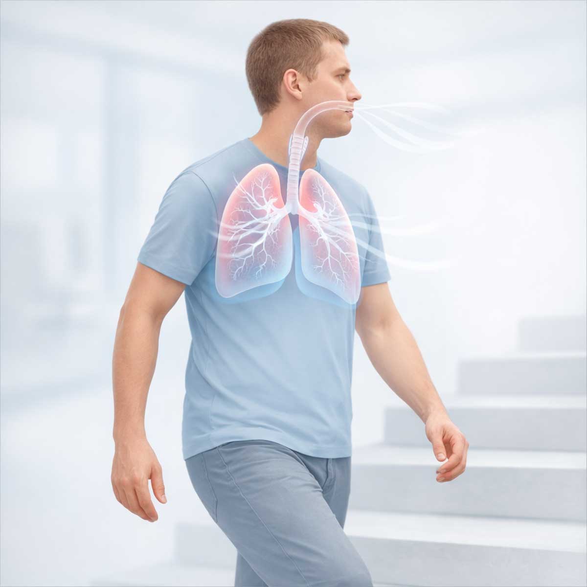 Одышка при физической нагрузке Одышка при физической нагрузке во время ходьбы, схематичная визуализация дыхательной системы