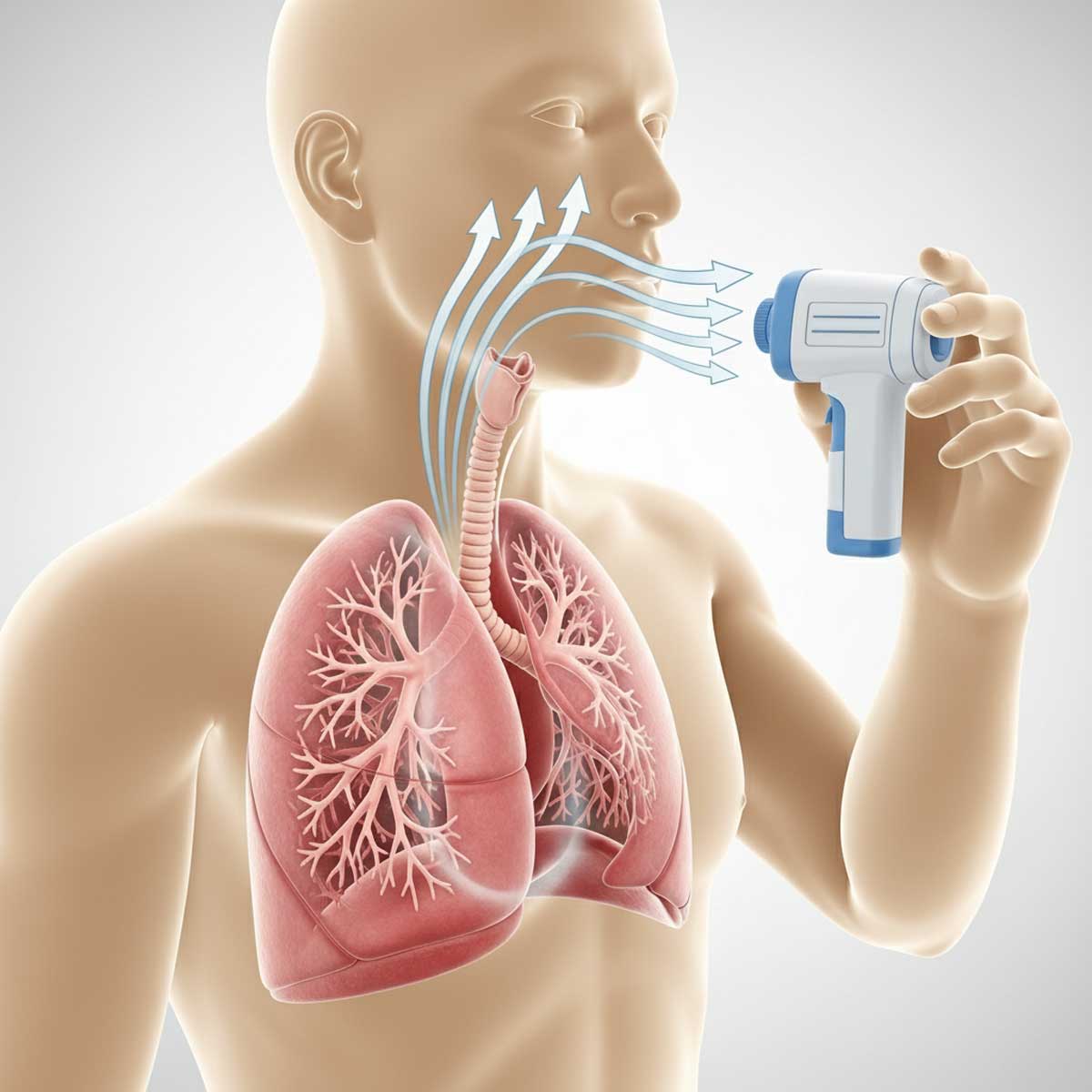 человек измеряет пиковую объемную скорость выдоха (ПСВ)
