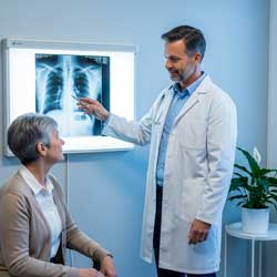 доктор и пациентка изучают рентгеновские снимки легких