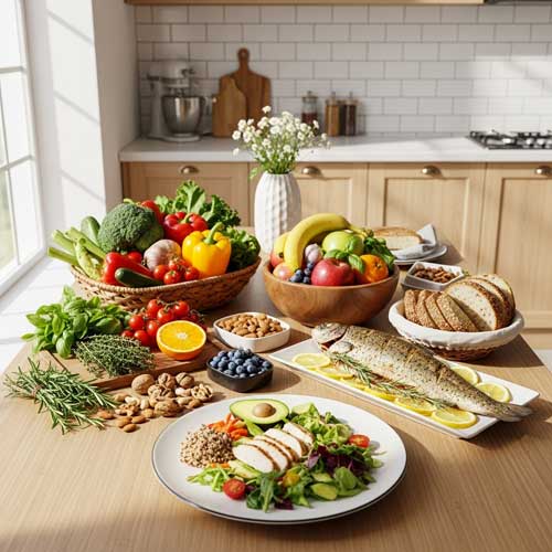 кухня с сервированным столом, на котором лежат продукты для здорового рациона.