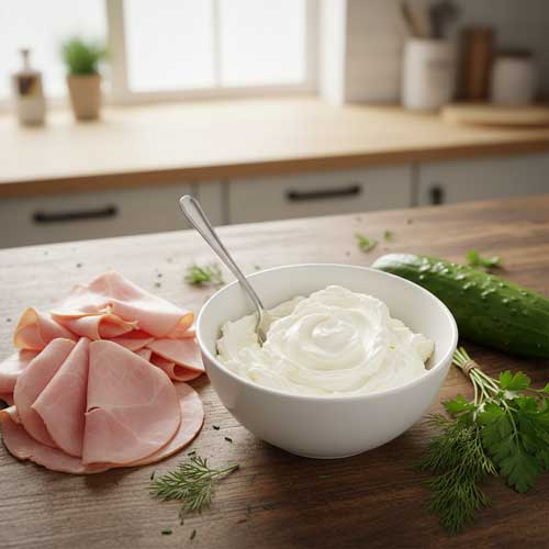 на столе ветчина, сыр, огурец и зелень