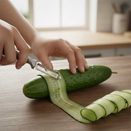 нарезают огурец тонкими длинными брусочками