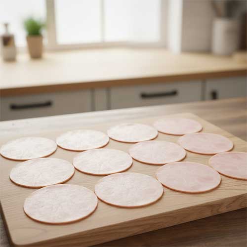 ломтики ветчины разложены на доске