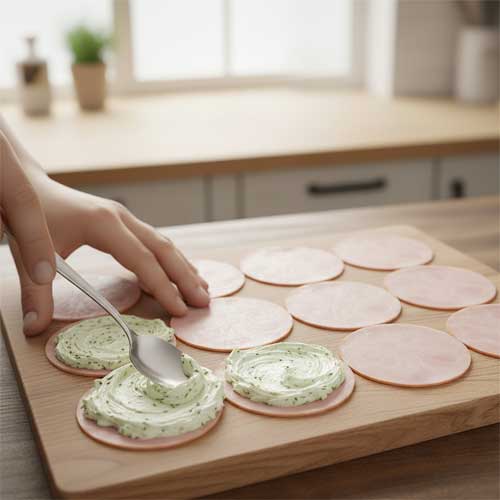 на ломтики ветчины кладут сыр