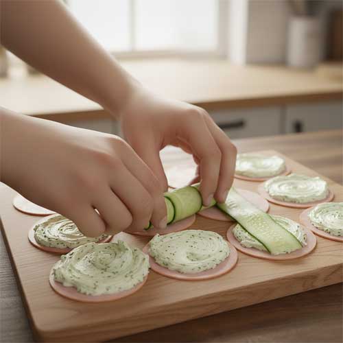 на ломтики ветчины с сыром кладут огурец