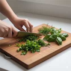 режем зелень на разделочной доске