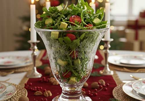 салат в красивой вазе на новогоднем столе