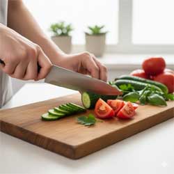 нарезаем овощи на разделочной доске