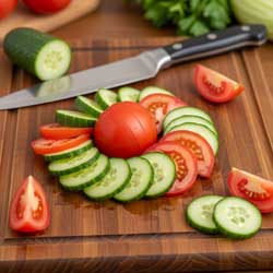 нарезают огурцы и помидоры