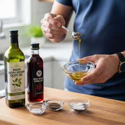 смешивают в чашке оливковое масло, уксус, соль, перец