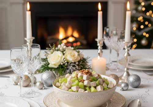 готовый салат в вазе на праздничном Новогоднем столе