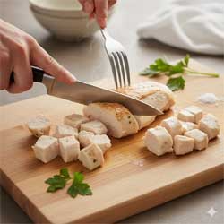 Вареную куриную грудку нарезают небольшими кубиками на разделочной доске.