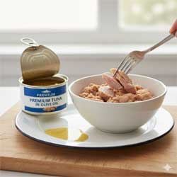 достают консервированный тунец из банки