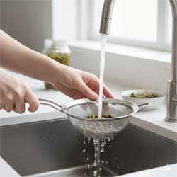 промывают каперсы под краном